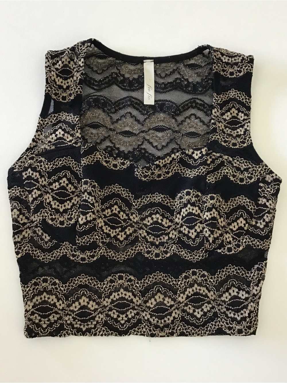 FIA Lace Overlay Black and Beige Sleeveless Crop Top Size Small